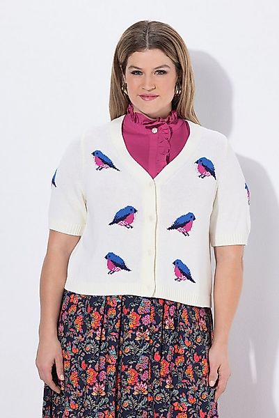 Ulla Popken Strickjacke Strickjacke Vögel V-Ausschnitt Halbarm günstig online kaufen