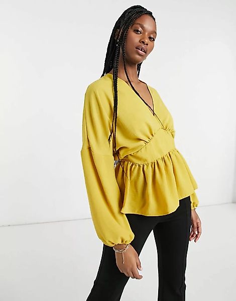 ASOS DESIGN – Langärmlige Bluse in Senfgelb mit Wickeldesign günstig online kaufen