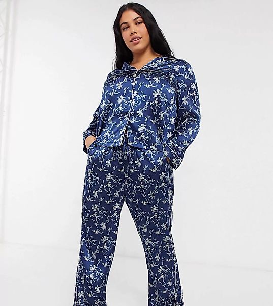 Vero Moda Curve – Pyjama in Marineblau aus Satin mit Blumenprint günstig online kaufen