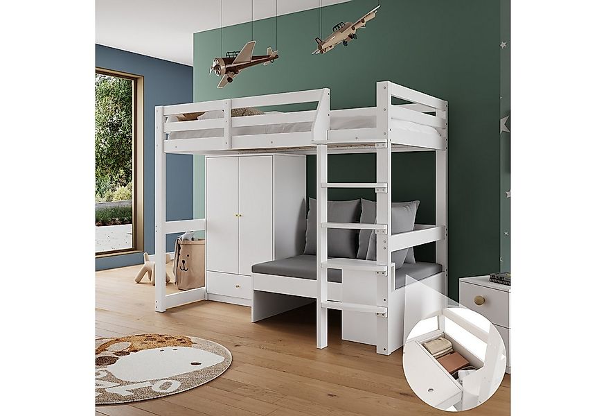 REDOM Hochbett Sofafunktion und integriertem Stauraum (Massivholzbett, Einz günstig online kaufen