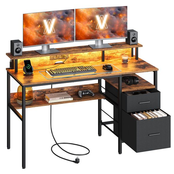 VASAGLE Schreibtisch Computertisch, mit LED-Beleuchtung, eingebaute günstig online kaufen