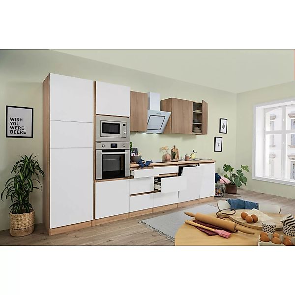 Respekta Premium Küchenzeile GLRP345HESWGKEOES Grifflos 345 cm Weiß Eiche N günstig online kaufen