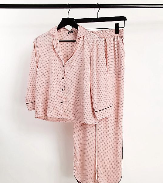 Vero Moda Tall – Pyjama-Set aus Satin in rosa getupft mit Paspelierung günstig online kaufen