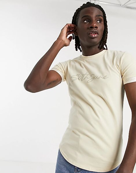 Sixth June – Samt-T-Shirt in Beige mit Logo-Schriftzug-Neutral günstig online kaufen