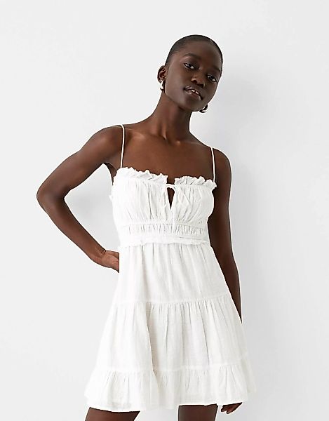 Bershka Rustikales Minikleid Mit Volants Damen M Weiss günstig online kaufen