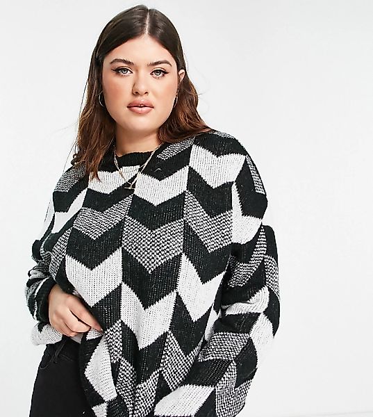 In The Style Plus x Lorna Luxe – Oversize-Pullover in Schwarz-Bunt mit Chev günstig online kaufen