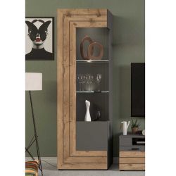 Wohnzimmer Vitrinenschrank in Wildeichefarben und Grau Glastür günstig online kaufen