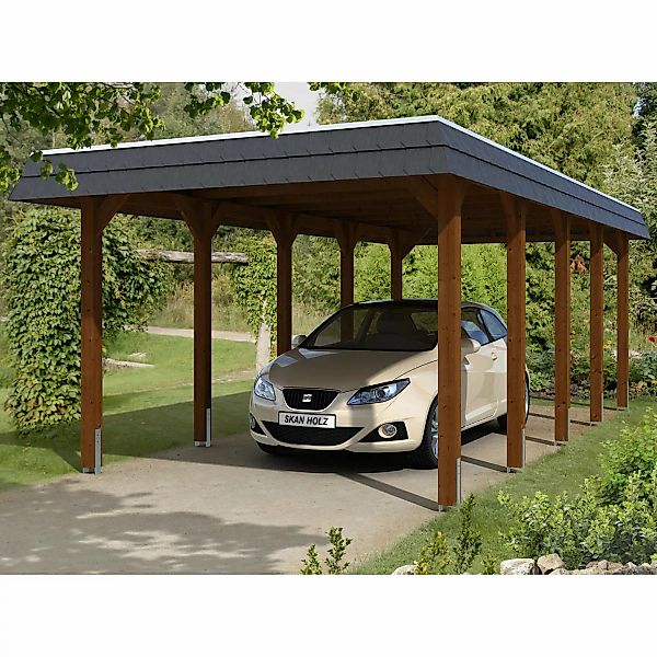 Skan Holz Carport Spreewald 345 cm x 741 cm schwarze Blende Nussbaum günstig online kaufen