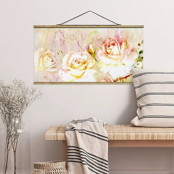 Stoffbild Blumen mit Posterleisten - Querformat Aquarell Blumen Rosen günstig online kaufen