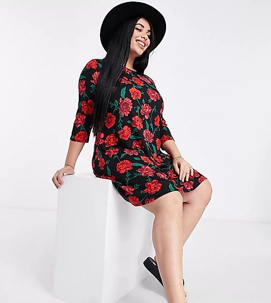 Simply Be – Ausgestelltes Kleid mit Rosenmuster-Mehrfarbig günstig online kaufen