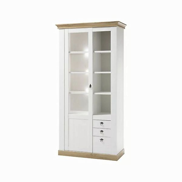 Lomadox Vitrine LINARES-61 Pinie weiß / Wotan Eiche Nb. inkl. LED - 102/204 günstig online kaufen