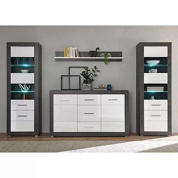 Wohnzimmer Anbauwand in Weiß Hochglanz und Beton Grau Sideboard (vierteilig günstig online kaufen