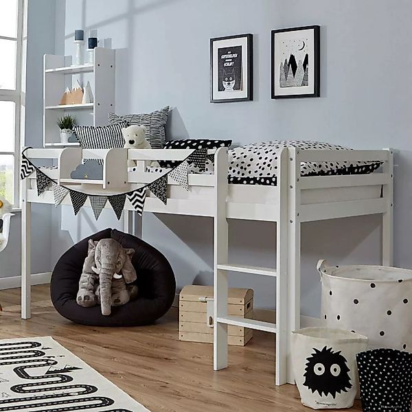 Kinderhochbett aus Buche Massivholz in Weiß 110 cm hoch günstig online kaufen