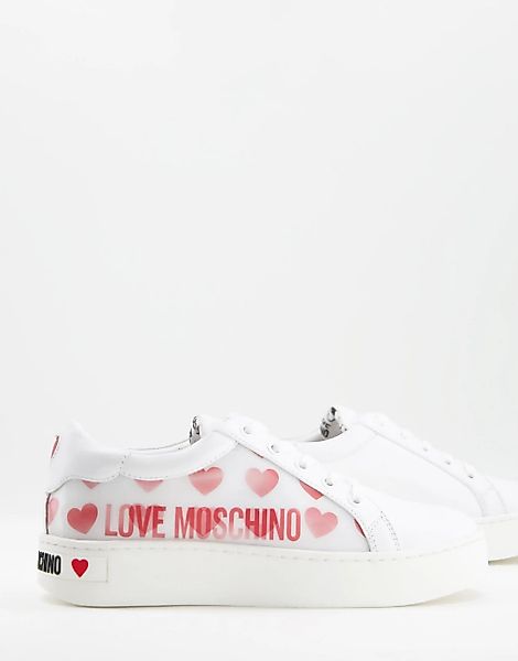 Love Moschino – Sneaker in Weiß und Rot mit Herzmuster günstig online kaufen