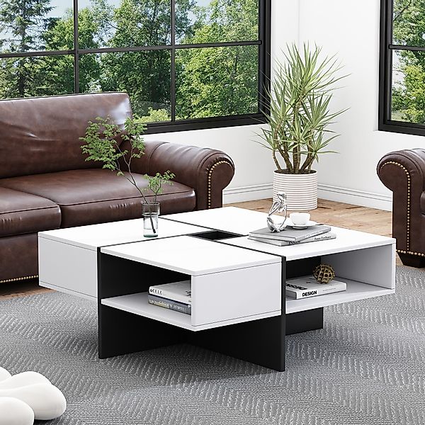 Couchtisch, Modern Quadratisch Wohnzimmertisch mit Ablage Holz, 5 offene St günstig online kaufen