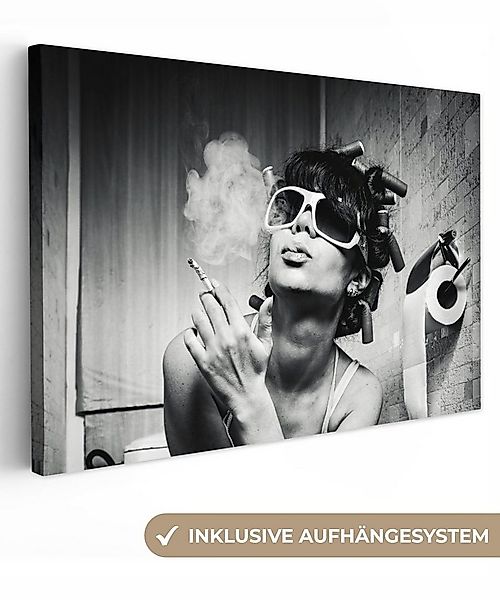 OneMillionCanvasses® Leinwandbild Frau - Vintage - Lockenwickler - Toilette günstig online kaufen