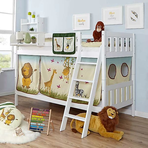 Kinderstockbett mit Vorhang im Zootier Design Buche Massivholz in Weiß günstig online kaufen