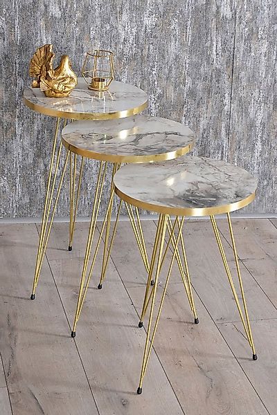 en.casa Couchtisch (3-St), 3er-Set, runde Tische, goldene PVC-Kante 9000316 günstig online kaufen