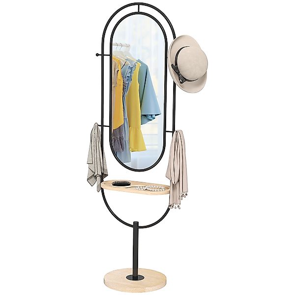 HOMCOM Ovaler Standspiegel mit Holzregal, 4 Haken und Metallrahmen, für Sch günstig online kaufen