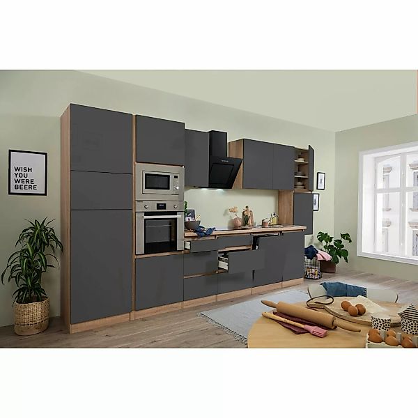 Respekta Premium Küchenzeile Grifflos 395 cm Grau Hochglanz-Eiche Sägerau günstig online kaufen