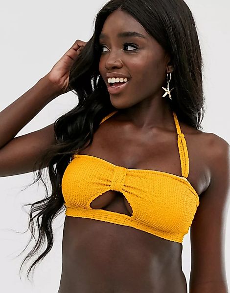 Miss Selfridge – Trägerloses Crinkle-Bikinioberteil in Gelb günstig online kaufen
