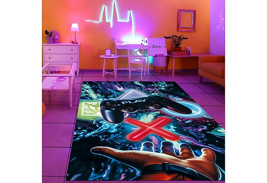 TeppichHome24 Kinderteppich Gaming Teppich mit neonfarbigen Symbolen, recht günstig online kaufen