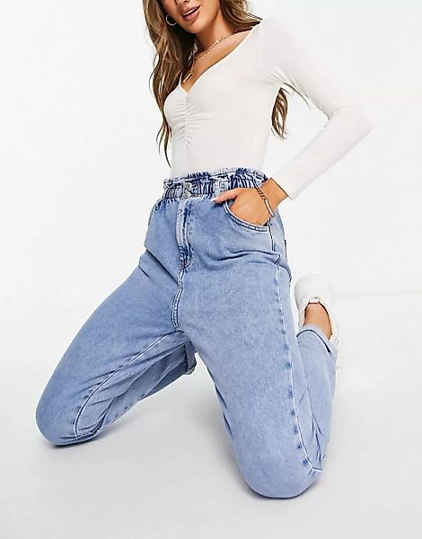 New Look – Mom-Jeans mit Paperbag-Taille in Blau günstig online kaufen