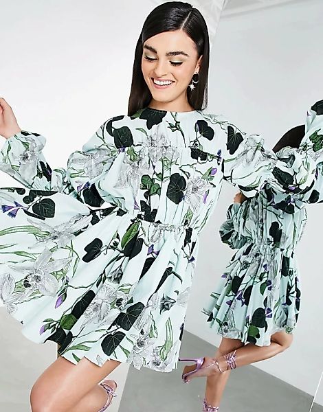ASOS EDITION – Minikleid aus Leinen mit gerafften Ärmeln und Orchideenprint günstig online kaufen