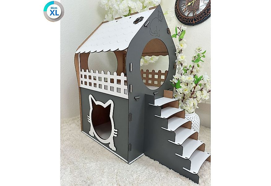 Jungengel Tierhaus Zweistöckiges Katzenhaus aus MDF – Anthrazit & Weiß – in günstig online kaufen