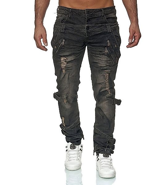 KINGZ Slim-fit-Jeans Herren Designer Jeans mit doppeltem Bund Schwarz 32 günstig online kaufen