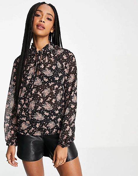 Object ‑ Gitte ‑ Bluse in Schwarz mit Schnürung am Ausschnitt und Blumenmus günstig online kaufen