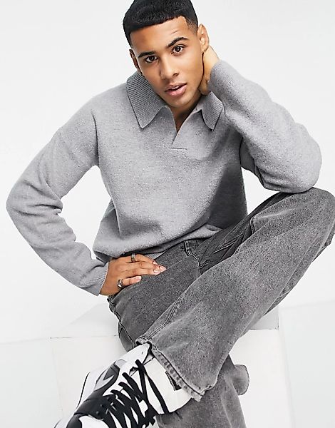 ASOS DESIGN – Pullover aus Wollmischgewebe in Grau mit Reverskragen, Kombit günstig online kaufen