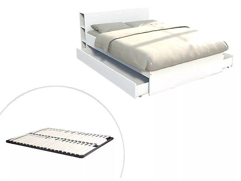 Bett mit Kopfteil & Stauraum & Schubladen + Lattenrost - 160 x 190 cm - Wei günstig online kaufen