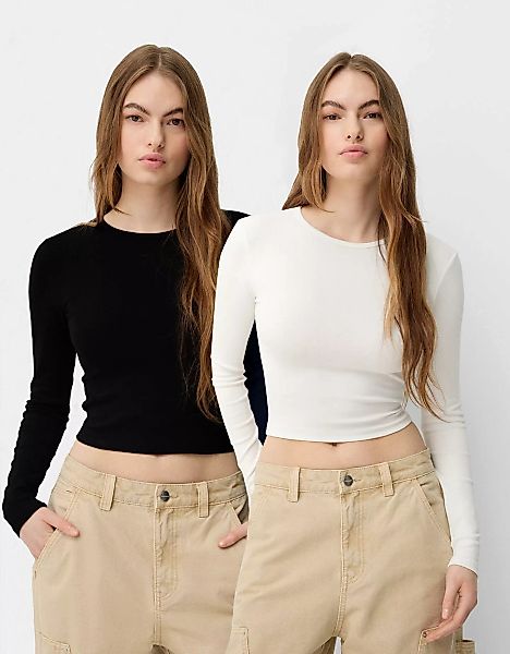 Bershka 2er-Pack Langarmshirts Mit Langen Ärmeln Und Rundausschnitt Damen X günstig online kaufen