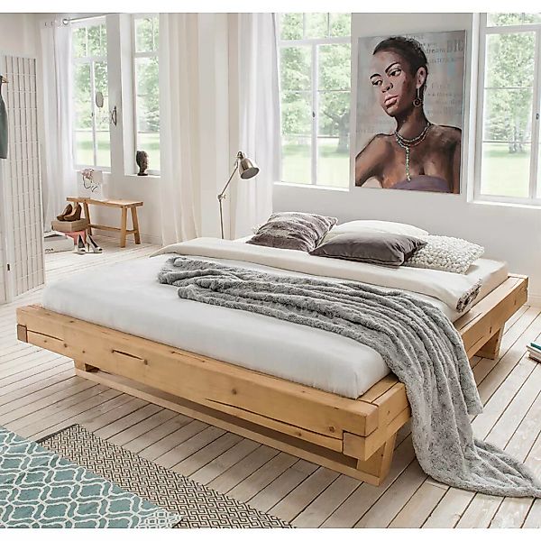 Massivholz Doppelbett, 200x200 cm, Fichte massiv, ohne Kopfteil, Massivholz günstig online kaufen