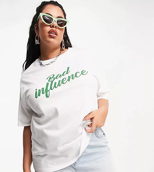 ASOS DESIGN Curve – T-Shirt mit „Bad Influence“-Print in Weiß günstig online kaufen