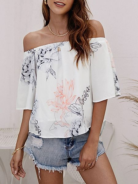 Random Blumendruck Elastic Off Shoulder Chiffon Bluse in Weiß günstig online kaufen
