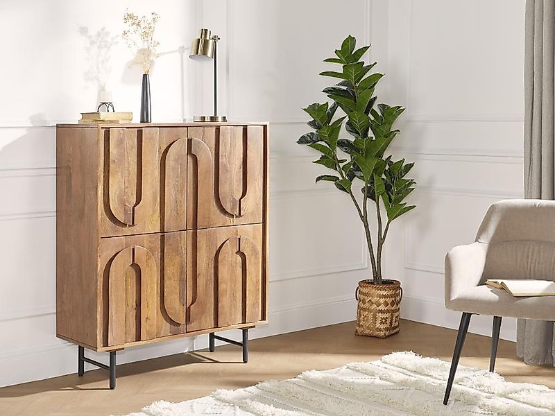 Highboard mit 4 Türen - Mangoholz & schwarzes Metall - Holzfarben - MIZORAM günstig online kaufen