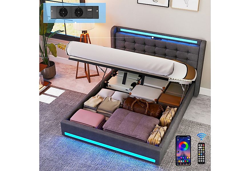 oyajia Stauraumbett LED Hydraulisches Doppelbett 140x200cm mit Ladefunktion günstig online kaufen