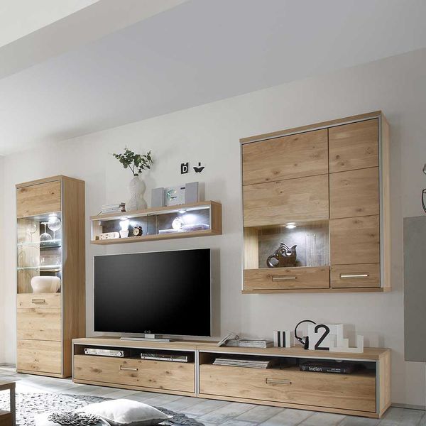 Landhauswohnwand in Asteiche Bianco furniert Silberfarben (fünfteilig) günstig online kaufen