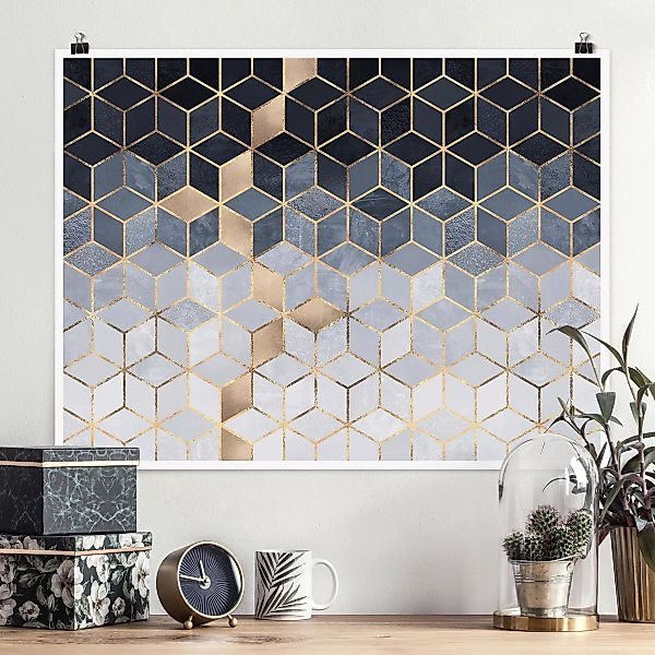Poster Abstrakt - Querformat Blau Weiß goldene Geometrie günstig online kaufen