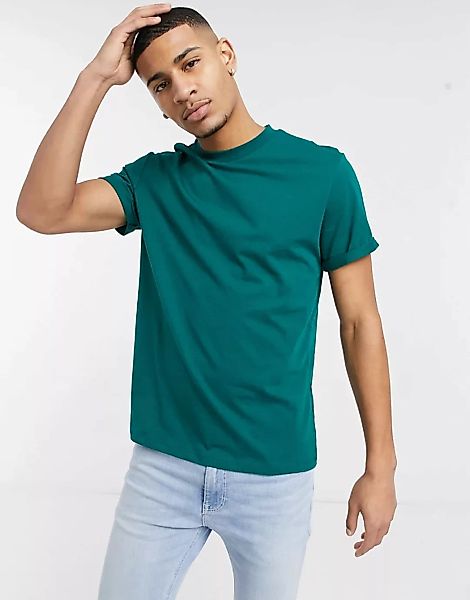 ASOS DESIGN – T-Shirt mit Rollärmeln in Dunkelgrün günstig online kaufen