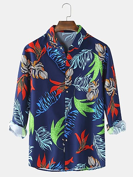 Herren Colorful Blatt- und Blumendruck Casual Regular Fit Langarmhemden günstig online kaufen