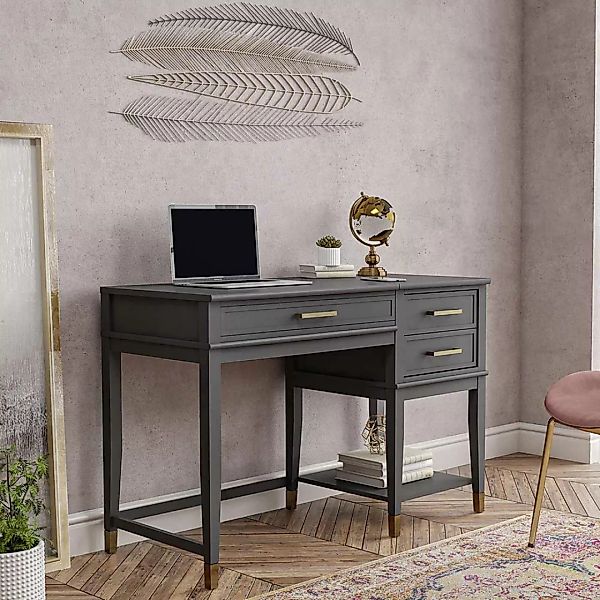 Home Office Schreibtisch Dunkelgrau im Landhausstil hochklappbare Tischplat günstig online kaufen