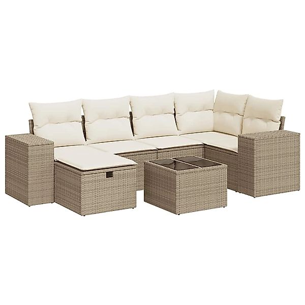 vidaXL 7-Tlg Garten-Sofagarnitur mit Kissen Beige Poly Rattan 3325694 günstig online kaufen
