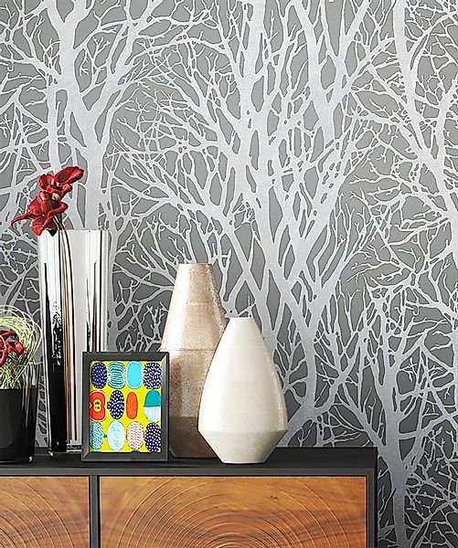 Newroom Vliestapete, Blumentapete Grau Wallpaper Floral Blumen Tapete Pflan günstig online kaufen