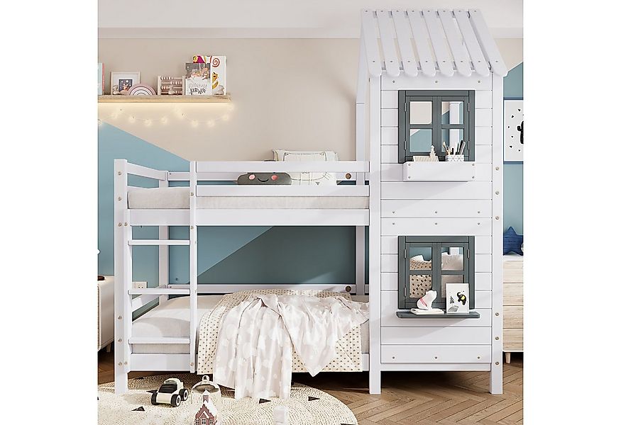 Merax Etagenbett mit Dach, Fenster und Handlauf (1-St), Kiefer Kinderbett 9 günstig online kaufen