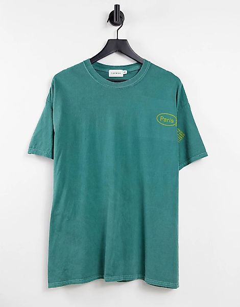 Topman – Oversize-T-Shirt in Grün mit verschobenem „Paris“-Print günstig online kaufen