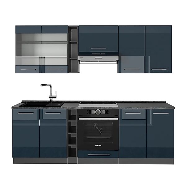Vicco Fame-Line Küchenzeile Dunkelblau Hochglanz/Anthrazit 235 cm ohne Arbe günstig online kaufen