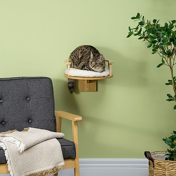 PawHut Kratzbaum Wandliege, Katzenbett, mit Schutzrand, Liegekissen, Eiche+ günstig online kaufen